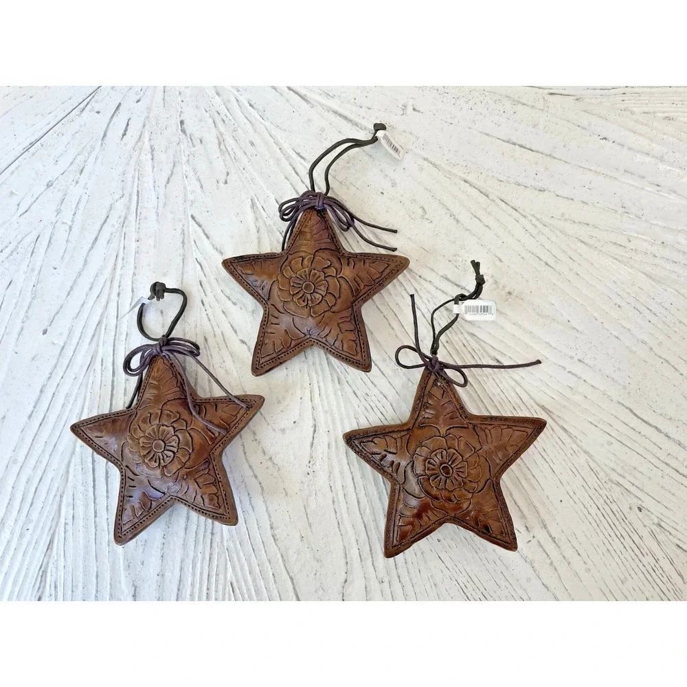 NWT Set of 3 Resin Cowboy Christmas Western Stars Ornaments Leather Look